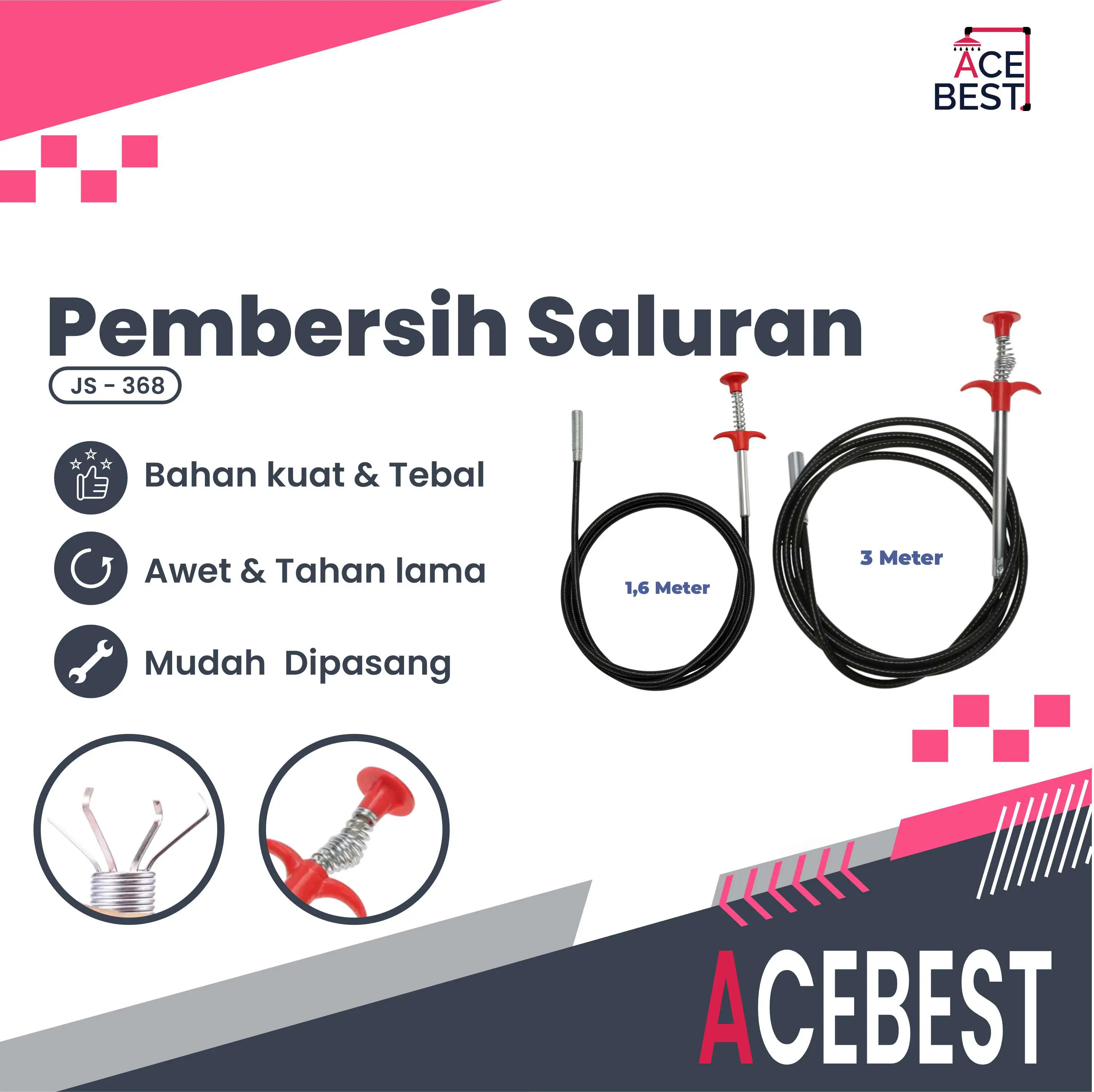 ACEBEST Alat Pembersih Selang Wastafel Untuk Pipa Tersumbat Cleaner Manual JS-113+JS-114+JS-366+JS-367 2 Meter Kawat Stainless
