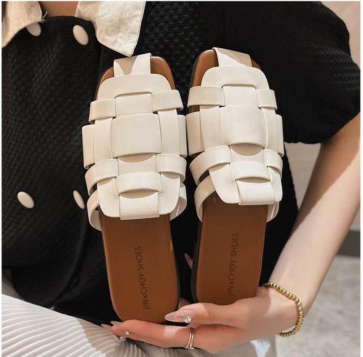 Giày Lười Mùa Hè, JINxCHOY, Phong Cách La Mã, Thoải Mái, Dễ Phối Đồ Được Làm Bằng Da PU, Thiết Kế Bít Mũi, Đế Thấp, Gót Vuông, Dép Pu, Chất Liệu Cao Su, Phong Cách SS24
