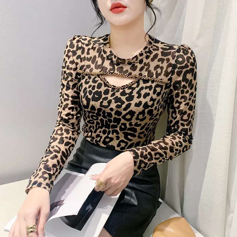 Áo Thun Họa Tiết Da Báo Cổ Điển Cổ Tròn, Dài Tay, Lưới Kim Cương Dán, Dành Cho Đồ Trang Trí Mùa Thu Của Phụ Nữ, Vải Lót Lớn Cơ Thể, Thời Trang, DL 2025 Hàng Mới Về