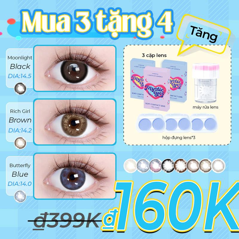 mua 3 tặng 4 Kính áp tròng Mysticeyes 0 độ DIA 14.0-14.5mm; 3 cặp lens + 3 khay đựng lens + 1 máy rửa lens
