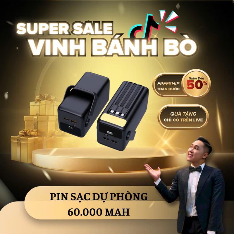   TECHZONE x VINHBANHBO  Trạm Sạc dự phòng dung lượng 60.000mah màn hình hiển thị pin sạc nhanh PD20W kèm 4 cáp sạc gắn kèm có đèn led chiếu sáng 