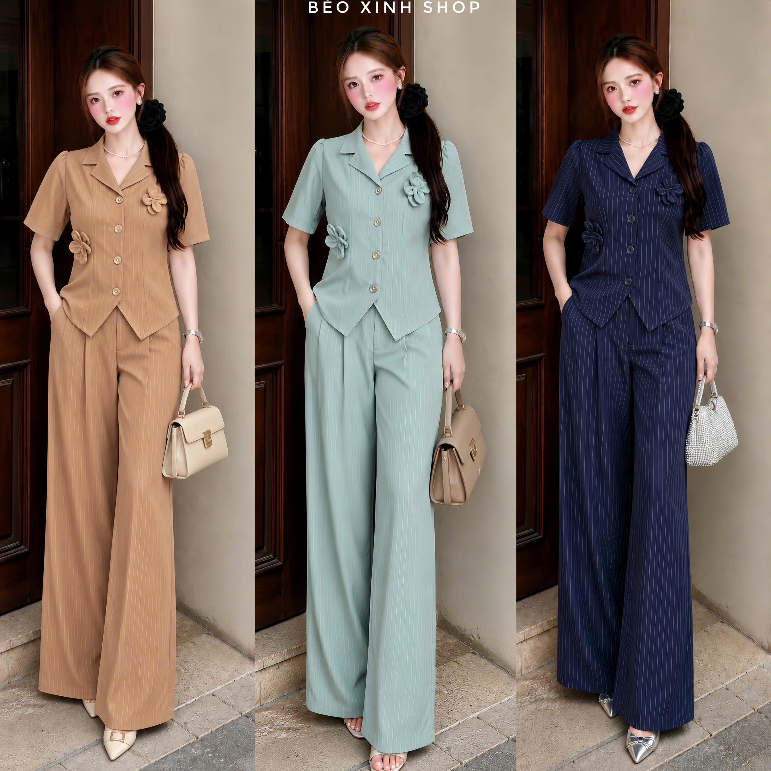 Set Sọc Chỉ Đính Hoa Nữ Bigsize – Áo Vest Tay Ngắn Quần Ống Rộng 40–90kg Béo Xinh Shop - A.1818