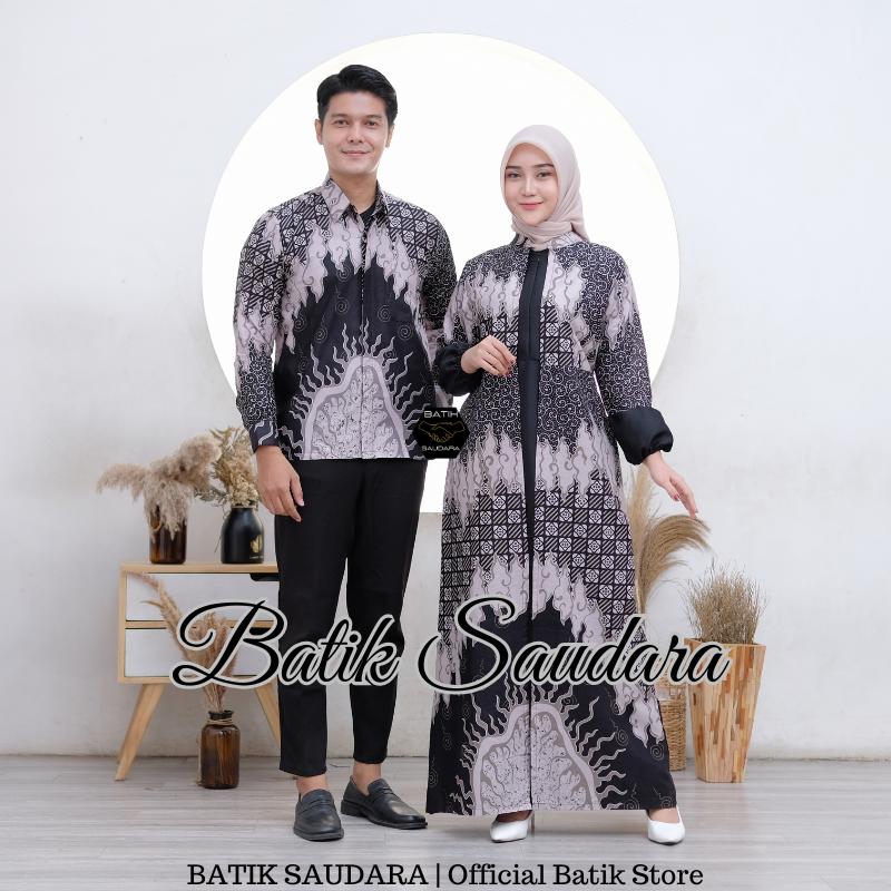 Batik Saudara Couple Gamis Muslim Pasangan Kemeja Panjang Kain Katun Motif Mega Mendung Hitam 1