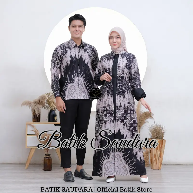 Batik Saudara Couple Gamis Muslim Pasangan Kemeja Panjang Kain Katun Motif Mega Mendung Hitam 0
