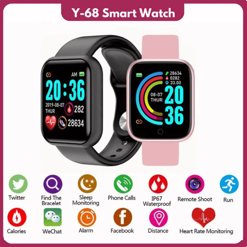 Smartwatch wanita Y68 Smart watch Y68 Waterproof smartwatch Bluetooth Fitness Tracker Musik Watch y68 Smartband Y68 Smart band 3