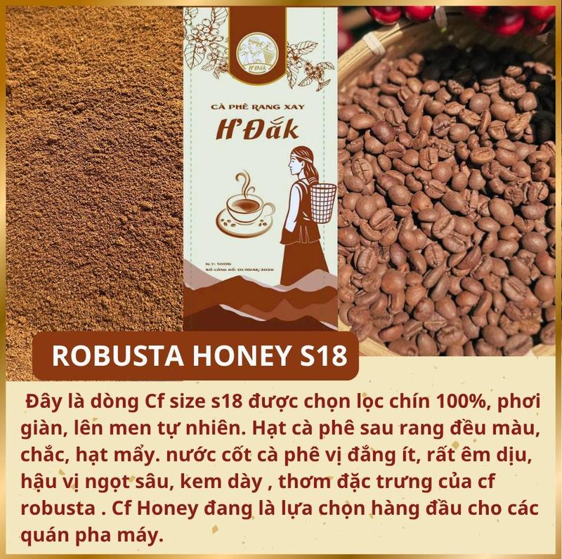 Cafe Robusta HONEY S18 -1kg- Chín 100% - Phơi giàn - Vị đắng ít, êm dịu - H'Đak