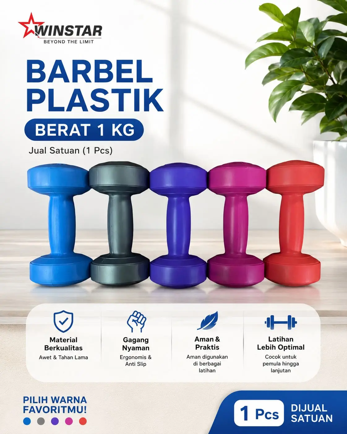 Barbel Plastik WINSTAR 1 KG – Dijual Satuan (1 Pcs)