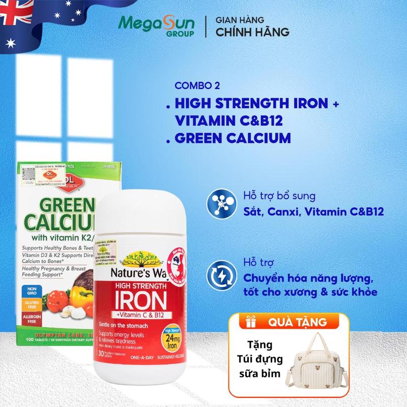   TẶNG TÚI ĐỰNG SỮA BỈM  Combo Hỗ Trợ Bổ Sung Sắt Và Canxi Hữu Cơ Cho Mẹ Bầu - Nature's Way High Strength Iron Và Olympian Labs Green Calcium 
