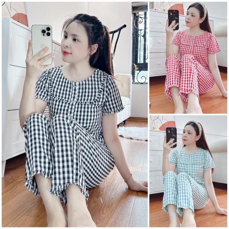 (Châu)bộ kẻ phối bèo 3 khuy trang trí cổ tròn xinh chất thô mềm quần dài và lửng