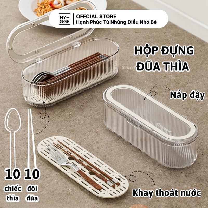 [GIÁ HỜI 3/4 - 5/4] Hộp đựnġ đũa muỗng có nắp đậy chống bụi kèm rãnh thoát nước để bàn Hygee, khay để thìa dĩa tiện lợi
