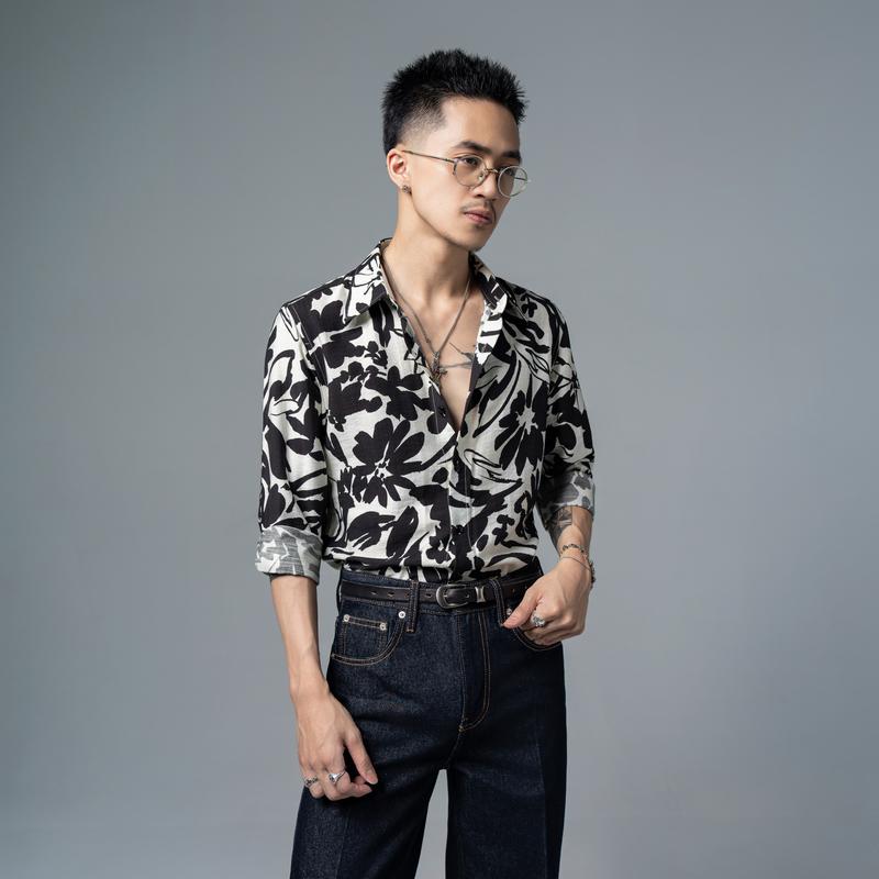 Áo sơ mi hoa đen trắng Addikt, áo sơ mi nam dài tay hoạ tiết hoa, ao so mi nam Menswear