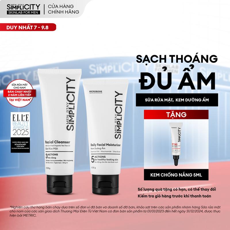 Bộ sản phẩm chăm sóc da hàng ngày cho nam Men Stay Simplicity Starter duo: Sữa rửa mặt 100g x Kem Dưỡng Ẩm đa năng 80g