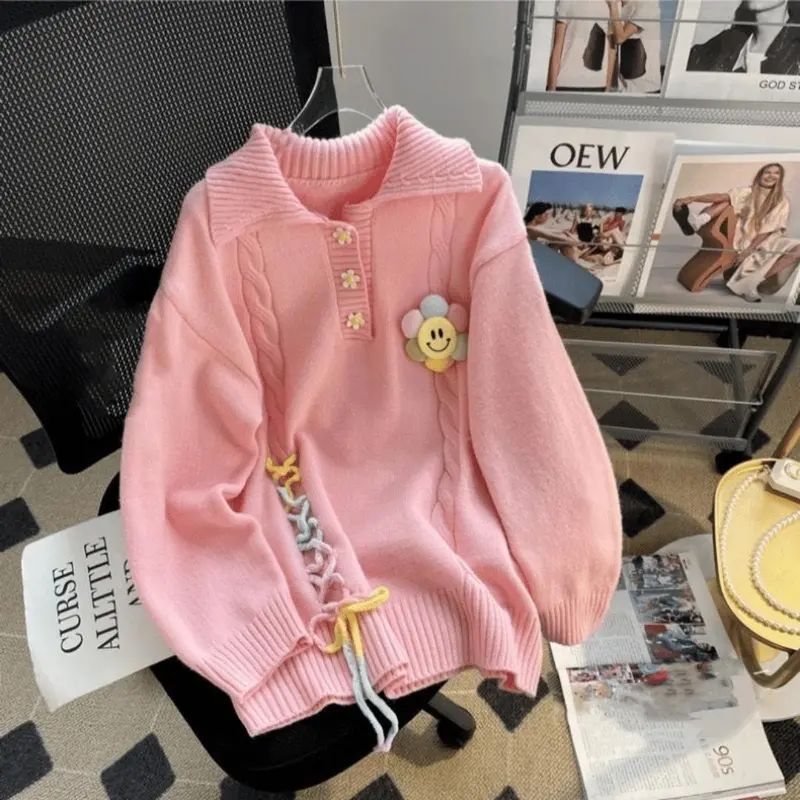 Cardigan Rajut Wanita Patch Sunflower Kerah Polo Oversize Knitwear 0