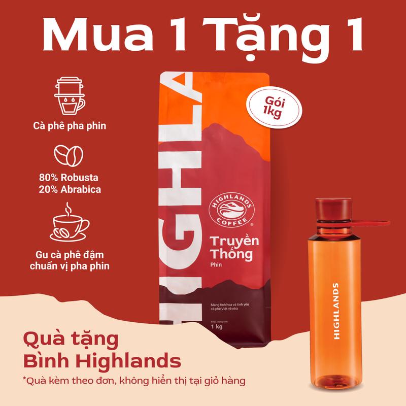 Mua 1 tặng 1- Tặng bình nước MÀU NGẪU NHIÊN Highlands 500ml Cà phê rang xay Truyền thống Highlands coffee 1kg- Quà kèm theo đơn không hiển thị tại giỏ hàng. Cafe pha phin đen đá sữa đá vị đậm đà nguyên bản chất Việt