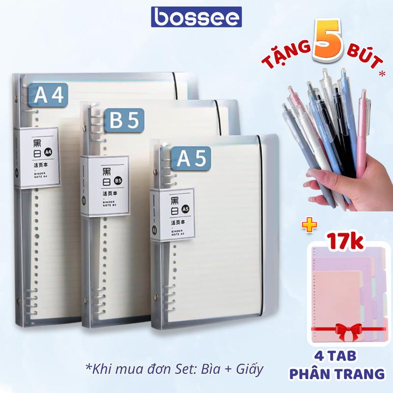 Full set sổ còng B5, A5, A4 bìa trong đen trắng, sổ còng thay giấy dễ dàng hiện đại - Vở viết lượng cao dành cho học sinh, sinh viên đại học ghi chép nhiều môn học paper file  giấy