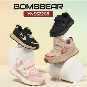 BOMBBEAR 2208 Sepatu Sekolah Anak Dengan Fashion Sneakers bahan Strap Velcro Kulit Sintes Premium, Kualitas Nyaman Lentur Ringan Desain Ergonomis untuk Aktivitas Aktif Si Kecil! warna All black, Black, Khaki, Pink dengan ze 26-37