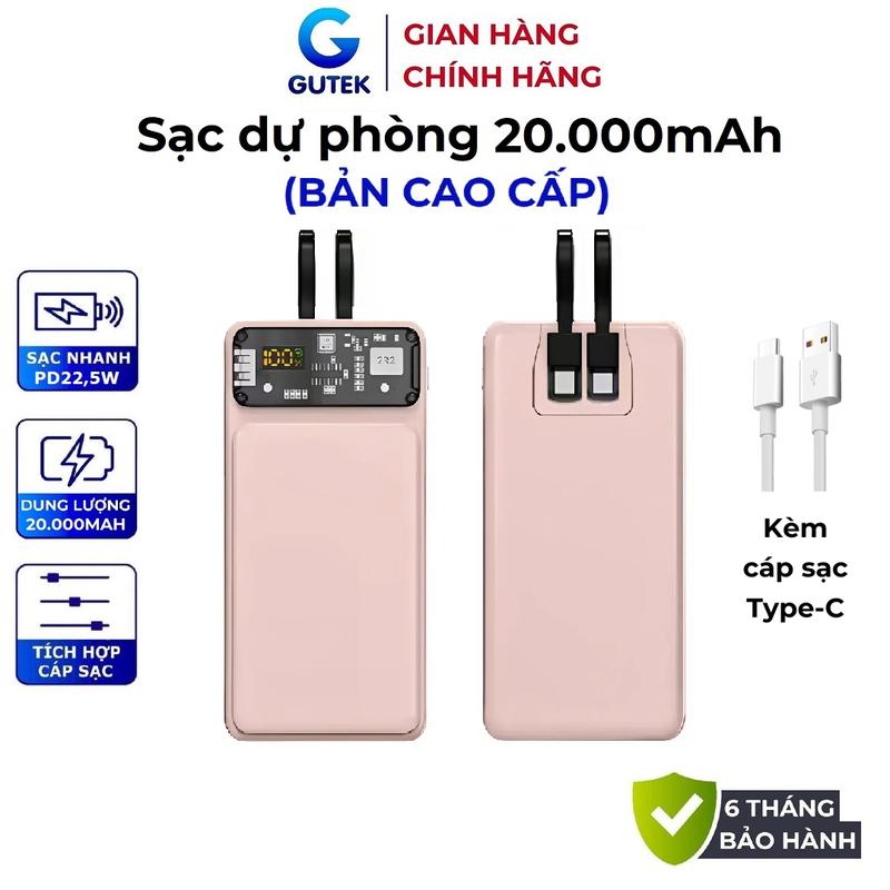 Sạc dự phòng 20000mah sạc nhanh PD22,5W dung lượng pin lớn có sẵn dây cho điện thoại - Gutek GT159