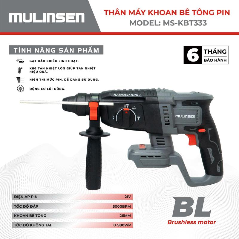 Thân máy khoan bê tông pin MULINSEN MS- KBT333  lực đập 2,8J tốc độ không tải 0-980V p hàng chính hãng bảo hành 6 tháng 