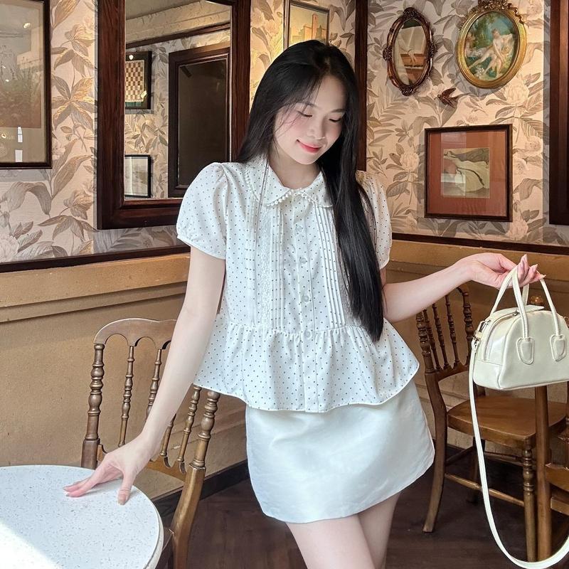    Áo sơ mi babydoll cổ viền  ren  xinh xắn  trẻ trung LAMO - B1465m 