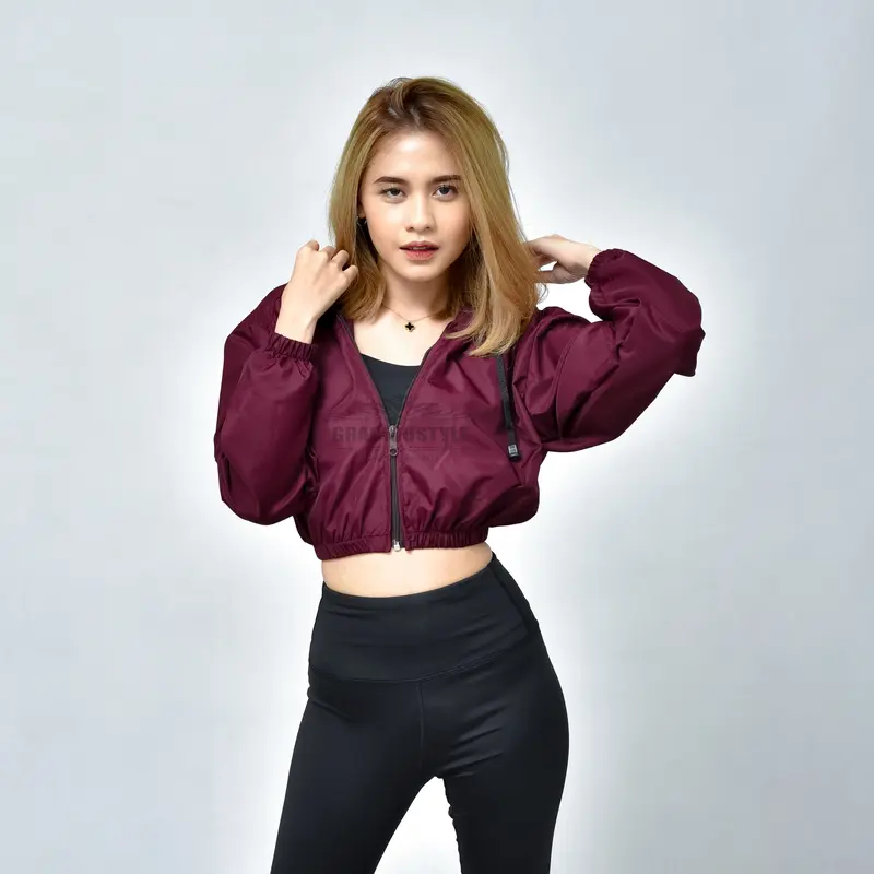 GRACIOUSTYLE - Jaket Crop Wanita Korean Style Jaket Olahraga Wanita Crop Jaket Sport Parasut Running Gym Fitnes Yoga Zumba Anti Air Wanita Cepet Kering Trendy Stylis 6