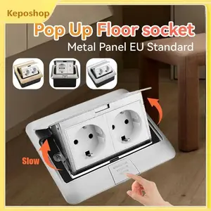 Stop Kontak Lantai Stainless Steel Flip Up Slow Motion 2 Modul 16A Tipe C Soket Lantai Tersembunyi untuk Meja Kantor Rumah