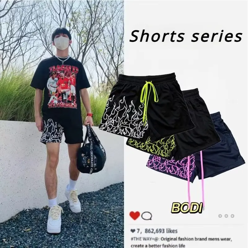 Purple Apricot Street Style Flame Printed Basketball Mesh Shorts American Sports Drift Short Pants Three-quarter Pants 2024 New