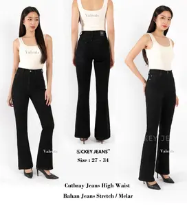Ckey Cutbray Jeans High Waist / Cutbray Jeanas Wanita Hitam Stretch Celana Cewek