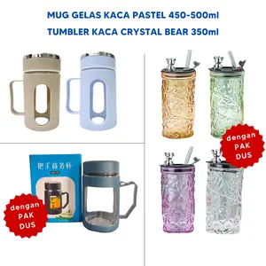Mug Gelas Botol Minum Mug Kaca Pastel 450ml 500ml (dengan Pack Dus dan Tanpa Pack Dus) Botol Minum Kaca Crystal Bear Free Sedotan
