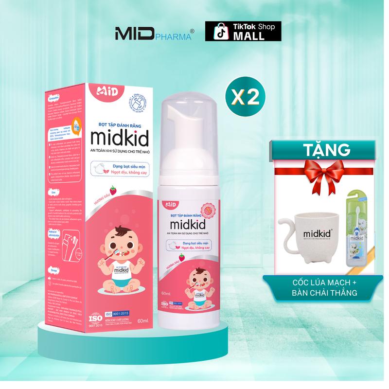 Combo 2 hộp Bọt tập đánh răng Midkid vị dâu cho bé từ 1 tuổi giúp làm trắng răng thơm miệng giảm mảng bám ố vàng - Tặng Bàn chải thẳng + Cốc nhựa Midkid