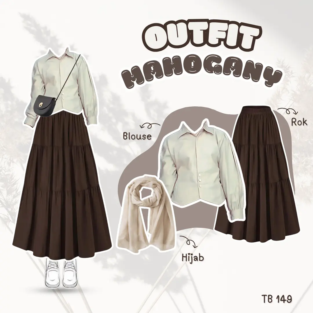 Setelan Korean Look 3 IN 1 Atasan Blouse Ivory dipadukan dengan Rok Susun Coklat Mahogany Hijab Bella Square OOTD Viral Kekinian TB 149