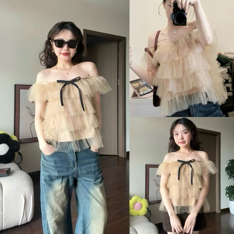 (ÁO KÈM NƠ) Áo nữ kiểu trễ vai ren nhiều tầng tiểu thư công chúa Dilyshop - A124