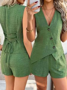 Conjunto casual de verano para mujer, estilo vacacional: chaleco tipo cárdigan de color liso con cierre de botones y cintura anudada + shorts holgados de tiro alto, elegante y entallado