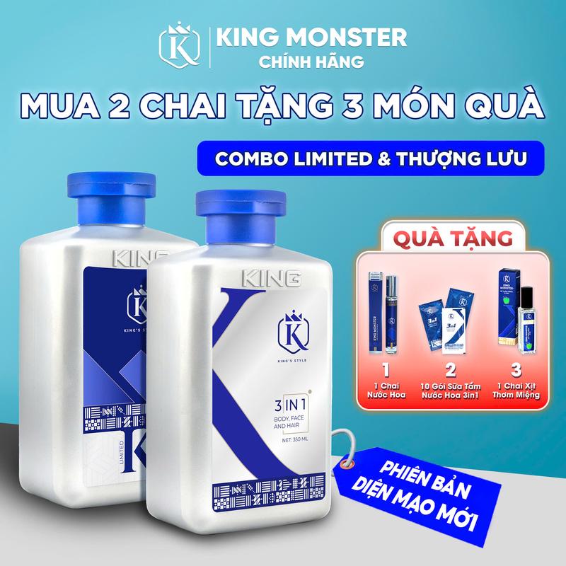 [King Monster] phiên bản( Limited + phiên bản Thượng lưu) Sữa tắm gội rửa mặt 3in1 dung tích 350ml Tặng 3 phần quà ( Nước hoa + Xịt thơm miệng + dây 10 gói )