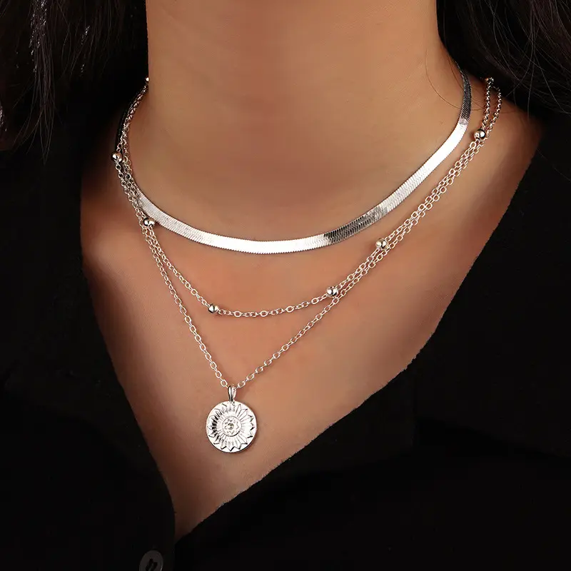 925 Sterling Silver Three-Layer Round Necklace for Women Simple Snake Chain Charm Party Wedding Gifts Exquisite Jewelry