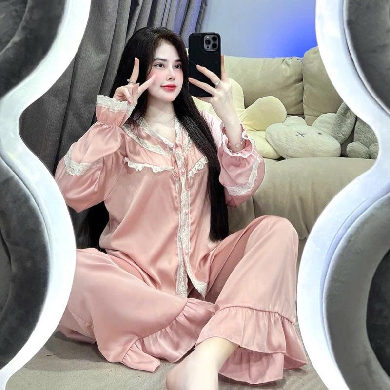 Sét đồ ngủ pijama tay dài kiểu dáng tiểu thư chất lụa latin phối ren mềm mịn về 7 màu sang xịn freesize 40-60kg Áo Ngủ Nữ Nhung Voi