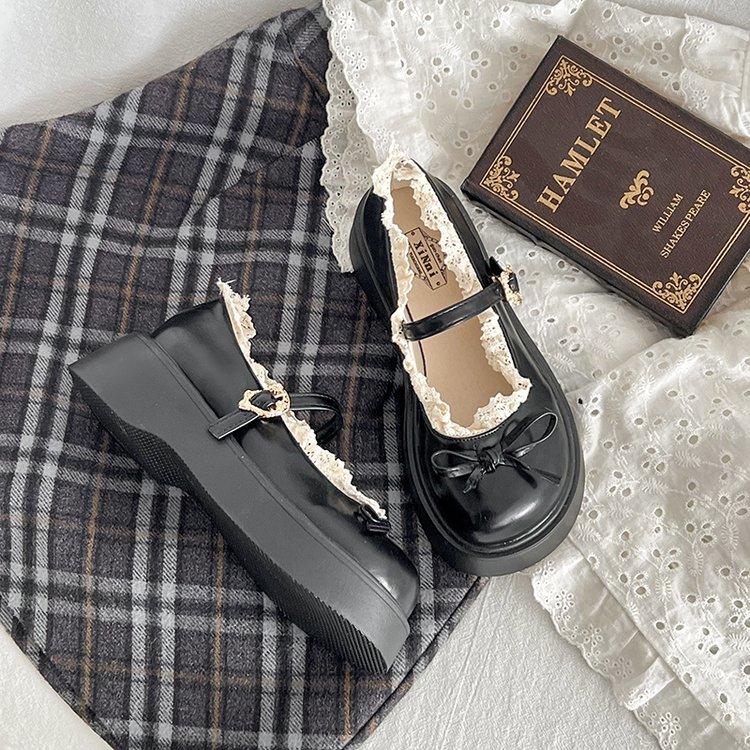   FORM RỘNG LÙI 1 SZ  Giày Đốc Nữ Đế PU Tăng Chiều cAO 5cm Đính Nơ Phối Viền Ren Tiểu Thư Phong Cách Hàn Quốc Mã H159 