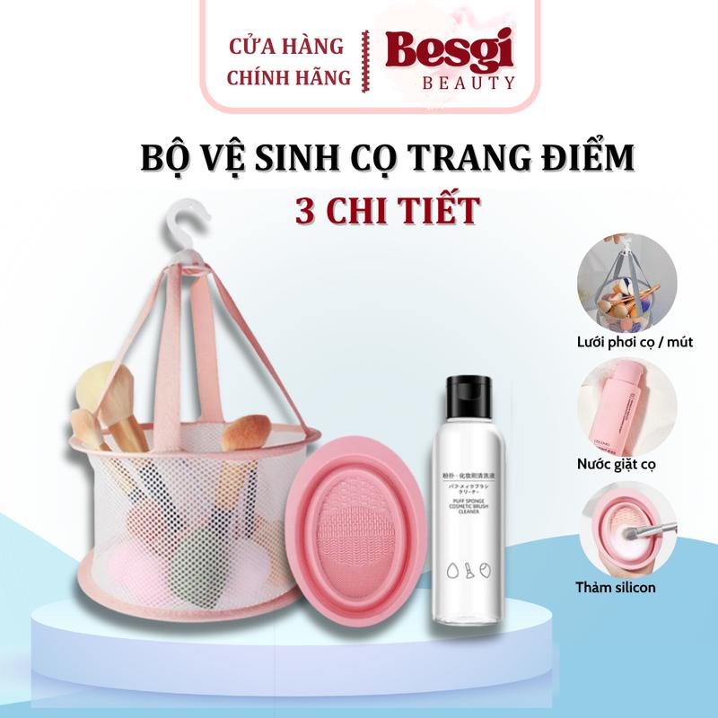  Bộ Ba Dụng Cụ vệ sinh Cọ Trang Điểm Và Mút Trang Điểm Siêu Sạch Và Tiện Lợi: Gồm Chậu Giặt Cọ 80ml Dung Dịch Giặt Cọ Và Lưới Phơi Cọ Besgi Beauty Cosmetic 