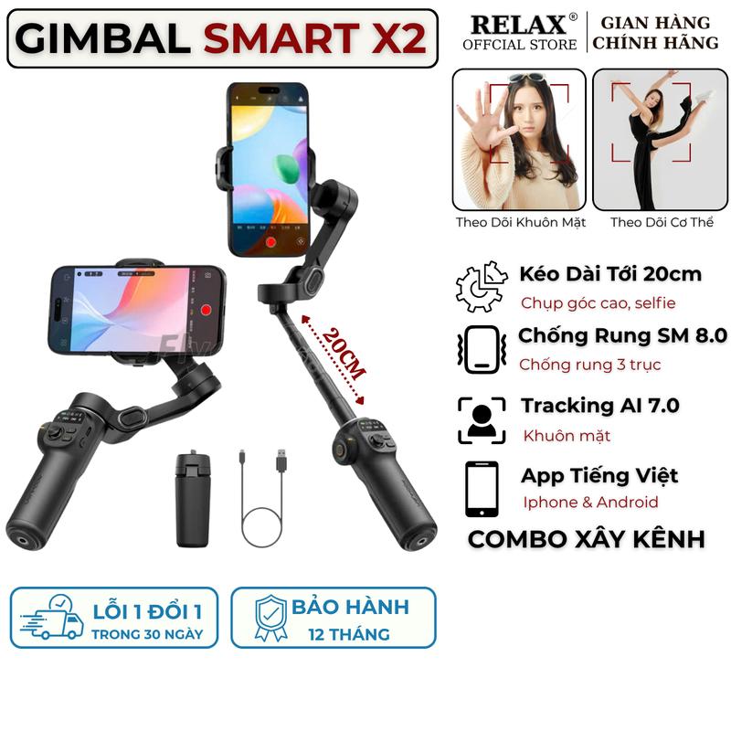 [Gimbal X2] Gimbal Quay Phim Chống Rung Cho Điện Thoại, Gimbal Chống Rung Smart X2, Kéo Dài Thêm 20cm, Chống Rung 3 Trục, Tracking Theo Dõi Cơ Thể,  Full Phụ Kiện, Nhỏ Gọn Dễ Dàng Mang Theo Phù Hợp Mang Theo Khi Quay Du Lịch, Quay Bất Động Sản Nhà Đất