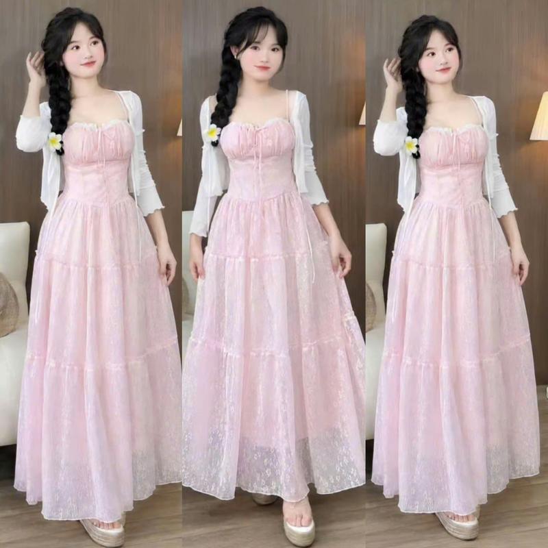 Sét đồ nữ 2 món đầm ren hoa hai dây dáng xòe dài kèm áo khoác thun tăm dễ thương xinh xắn