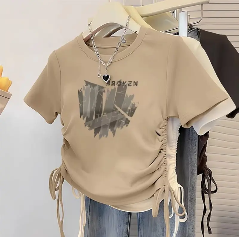 Kaos Crop Wanita Katun - T shirt Broken Heart Tali Serut Wanita Crop Top 3