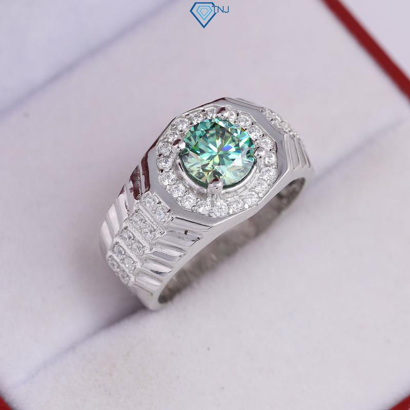 Nhẫn bạc nam kim cương moissanite xanh 7ly xi bạch kim kiểm định GRA viền nhẫn dạng bậc độc đáo NNAM0063