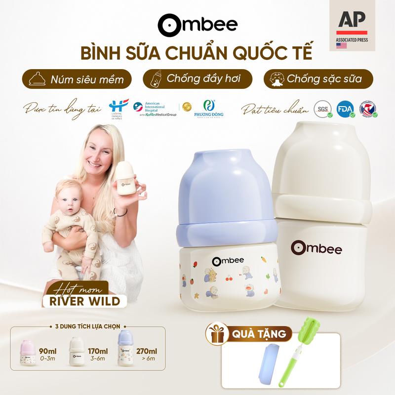 Bình sữa Ombee chính hãng cho bé núm siêu mềm chống sặc, chống đầy hơi cho bé sơ sinh chất liệu PPSU cao cấp cổ rộng dễ dàng vệ sinh tặng bộ cọ
