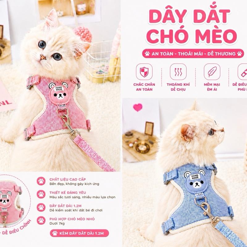 Yếm Dắt Chó Mèo Kèm Dây Dắt Chống Tuột Hình Gấu Dễ Thương Áo Yếm Thú Cưng