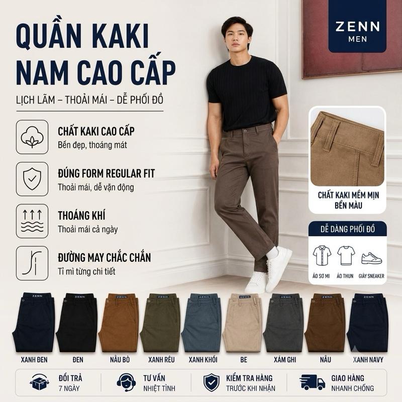 Quần Zenn Kaki Nam Dáng Regular Fit Ống Đứng Cao Cấp Quần Chino Dài Công Sở Co Giãn Nhiều Màu