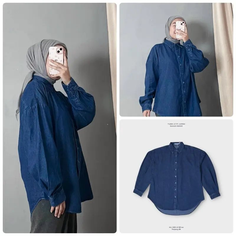 Anyostore AT77 Atasan Kemeja Jeans Oversize Wanita Jumbo Bahan Denim 3