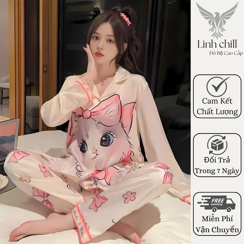  Bộ Đồ Ngủ Nữ Hello Kittys Pyjama Chất Lụa Mềm Mịn Họa Tiết In Mèo Cute Màu Sắc Trắng Hồng Trẻ Trung Full Size đô  bô  xinh 