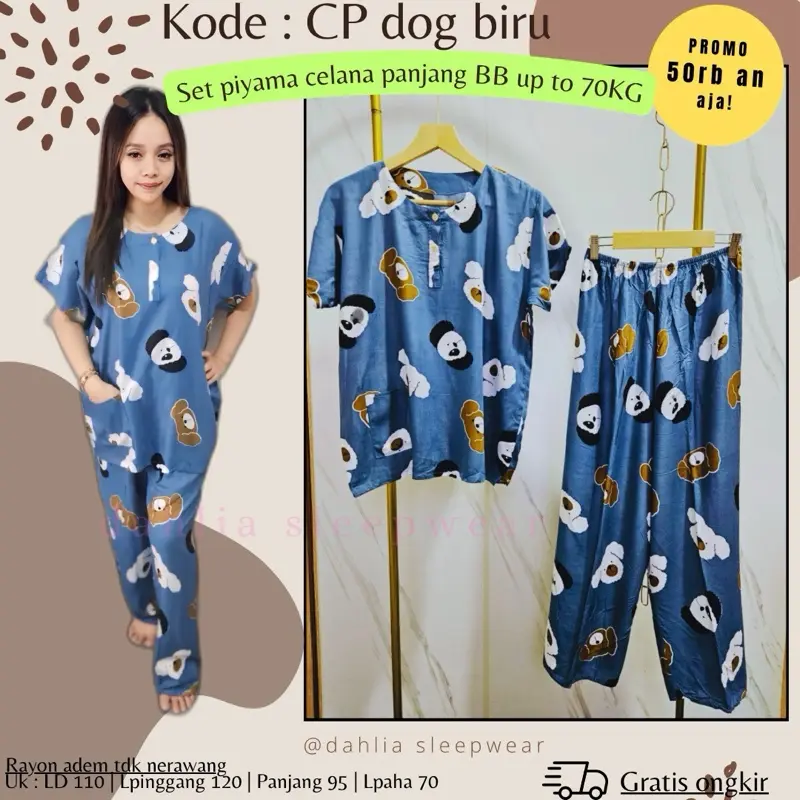 CP doggy biru + piyama pendek/panjang tulis warna
