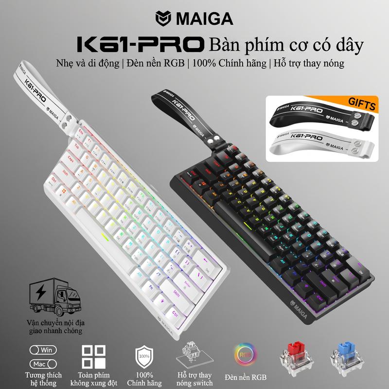 Bàn phím cơ MAIGA TK61.and K61PRO full-RGB, hỗ trợ tùy chỉnh màu đènđộc lập, 17 chế độ ánh sáng, bàn phím chơi game và văn phòng, bố cục 60% hỗ trợ thay switch, tất cả các phím không xung đột, hỗ trợ WIN / MAC, quà tặng cho bạn tốt