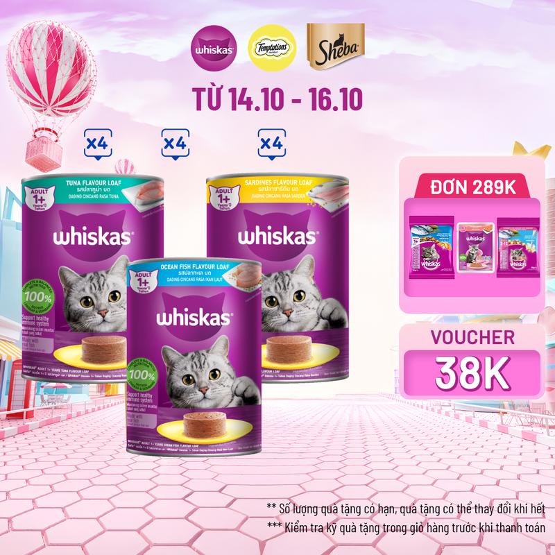 WHISKAS Combo 12 - Thức Ăn Cho Mèo Trưởng Thành Dạng Pate Mix 3 Vị 400G (dạng lon)