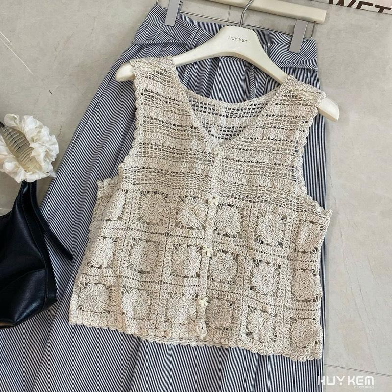 Áo Ba Lỗ Len Lưới Hoạ Tiết Khuy Nơ,Cổ Tim ( Mặc Đóng Cúc,Phanh Cúc) Hàng QC Nữ Mặc Đi Chơi,Đi Biển(M66)